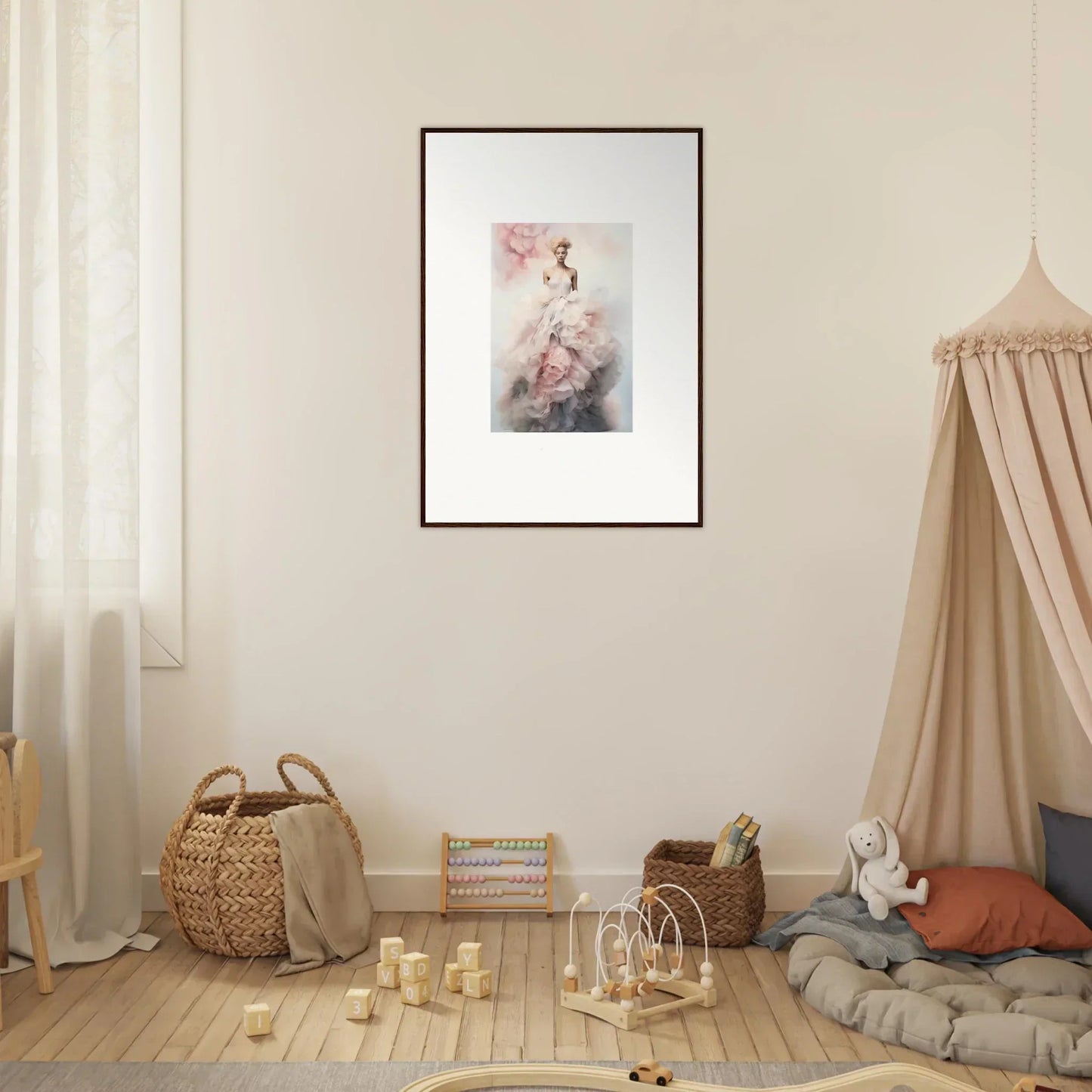 Framed Ephemeral Corsage Aurora watercolor art in pink and gray tones on a wall