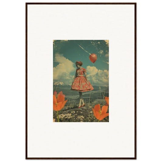 Framed vintage collage art of a girl with a red balloon for stylish room decoration