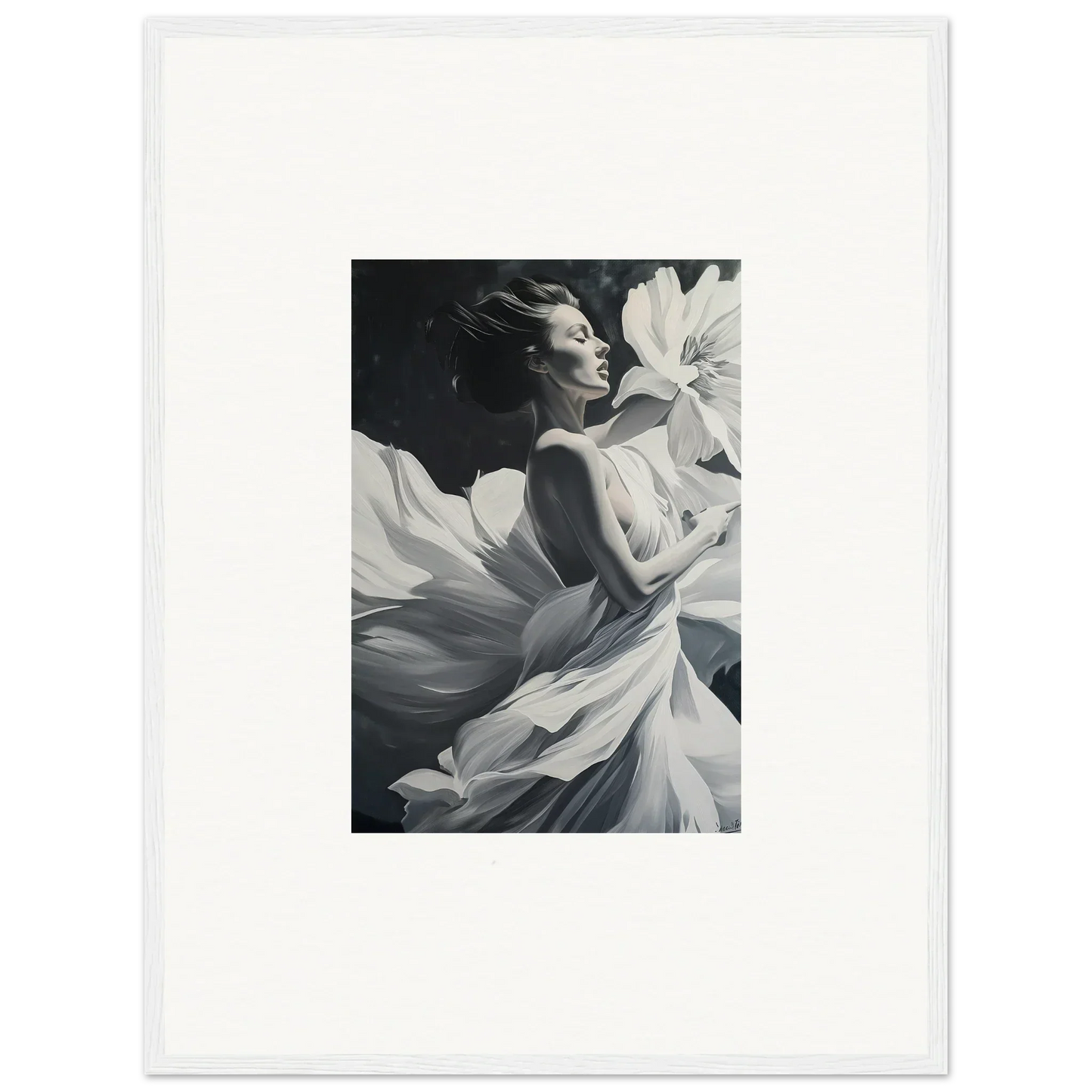 Black and white image of a woman in white fabric, perfect for Dreams Blossom room decor