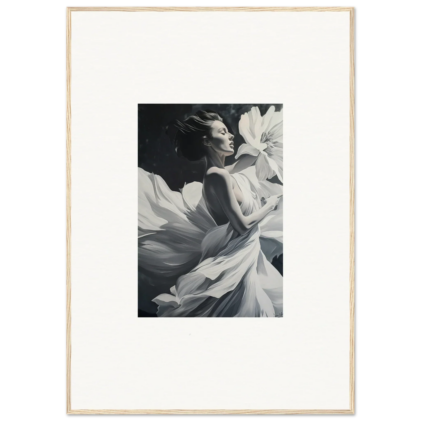 Black and white photo of a woman in flowing white fabric for Dreams Blossom room decor