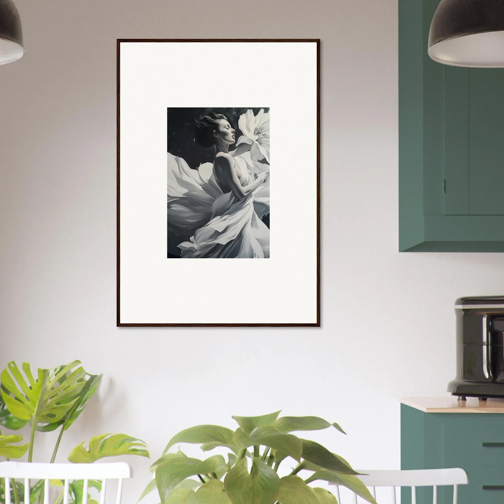 Framed black and white photograph of a delicate flower for dreams blossom room decor