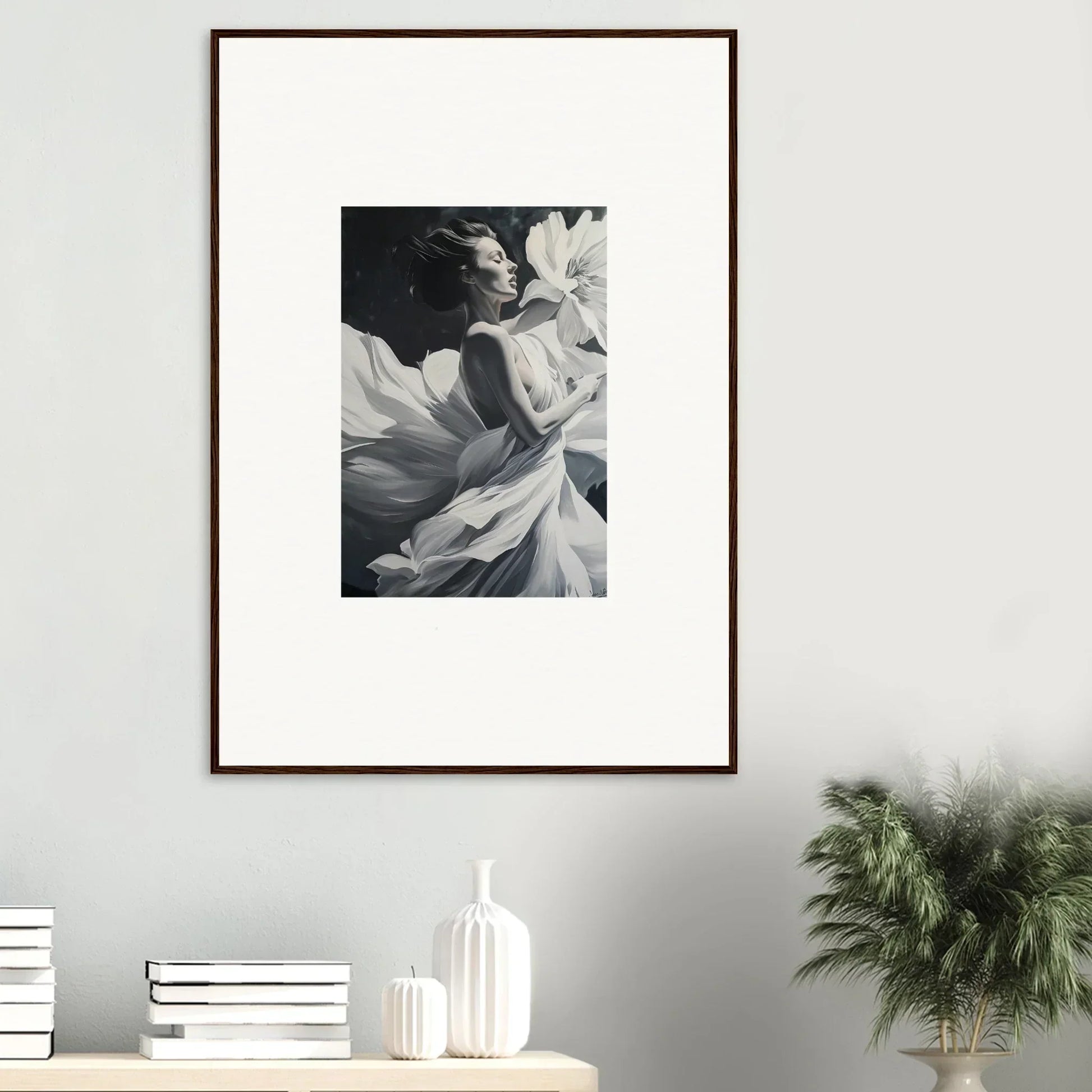 Framed black and white photograph of delicate flower petals for elegant room decor