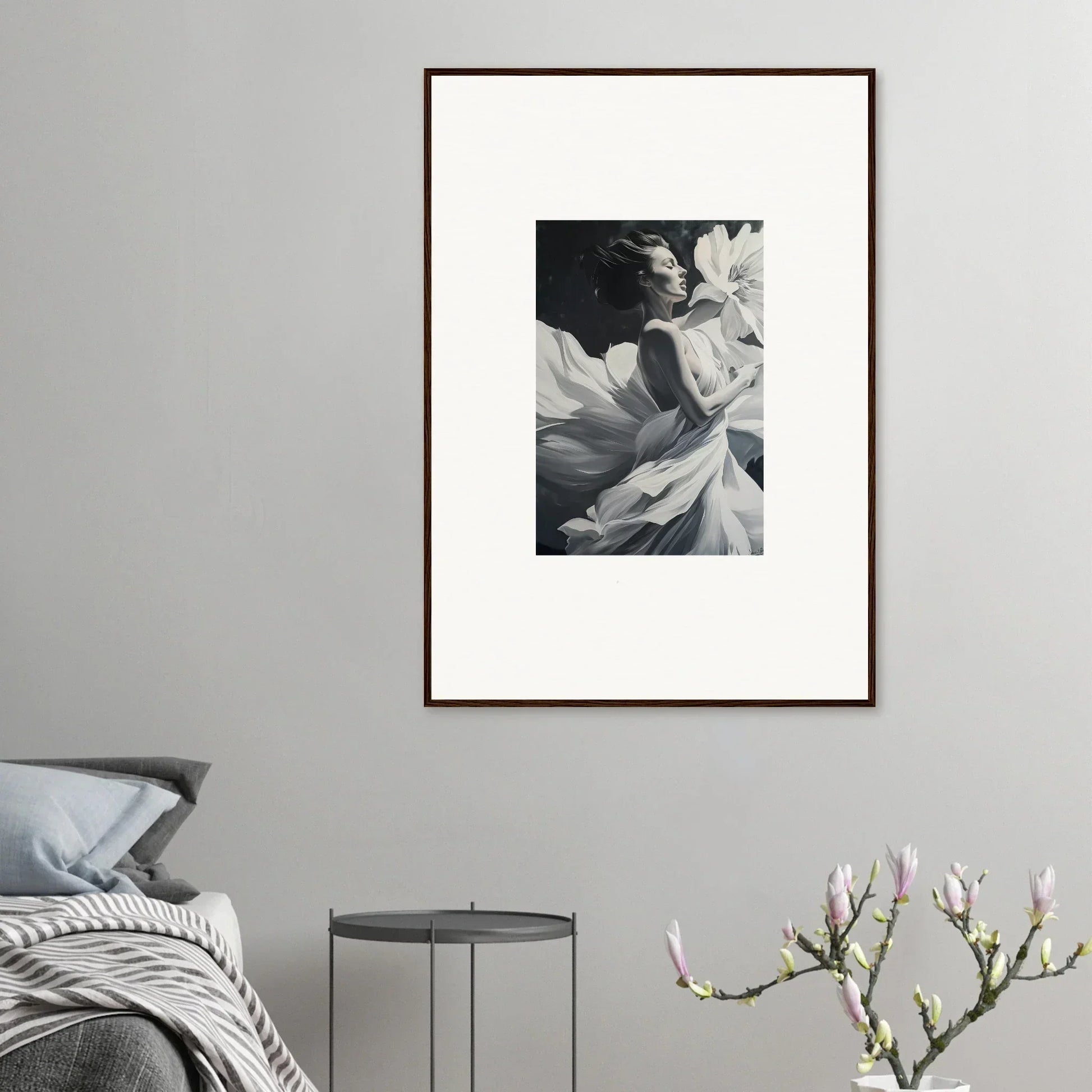 Framed black and white wall art of a delicate Dreams Blossom for elegant room decor