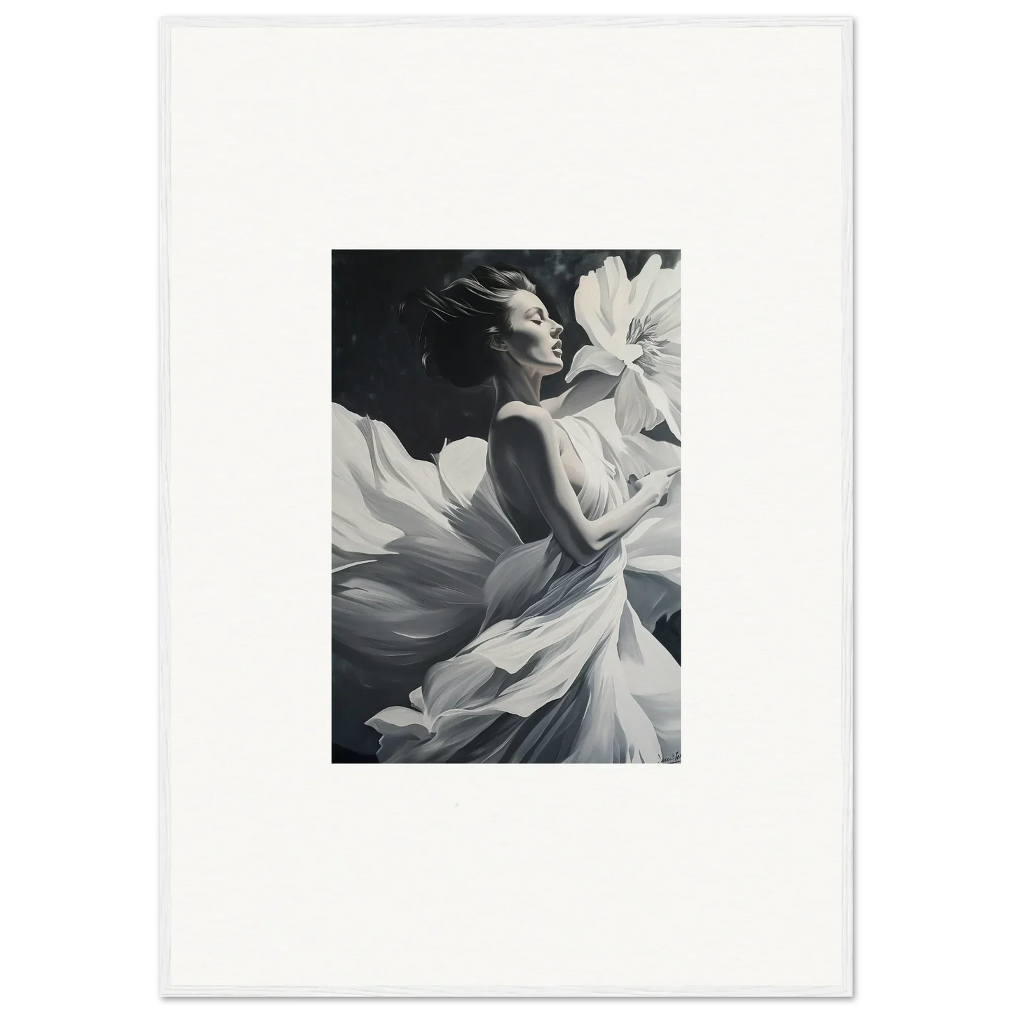 Black and white photo of a woman in flowing white fabric for dreams blossom wall art