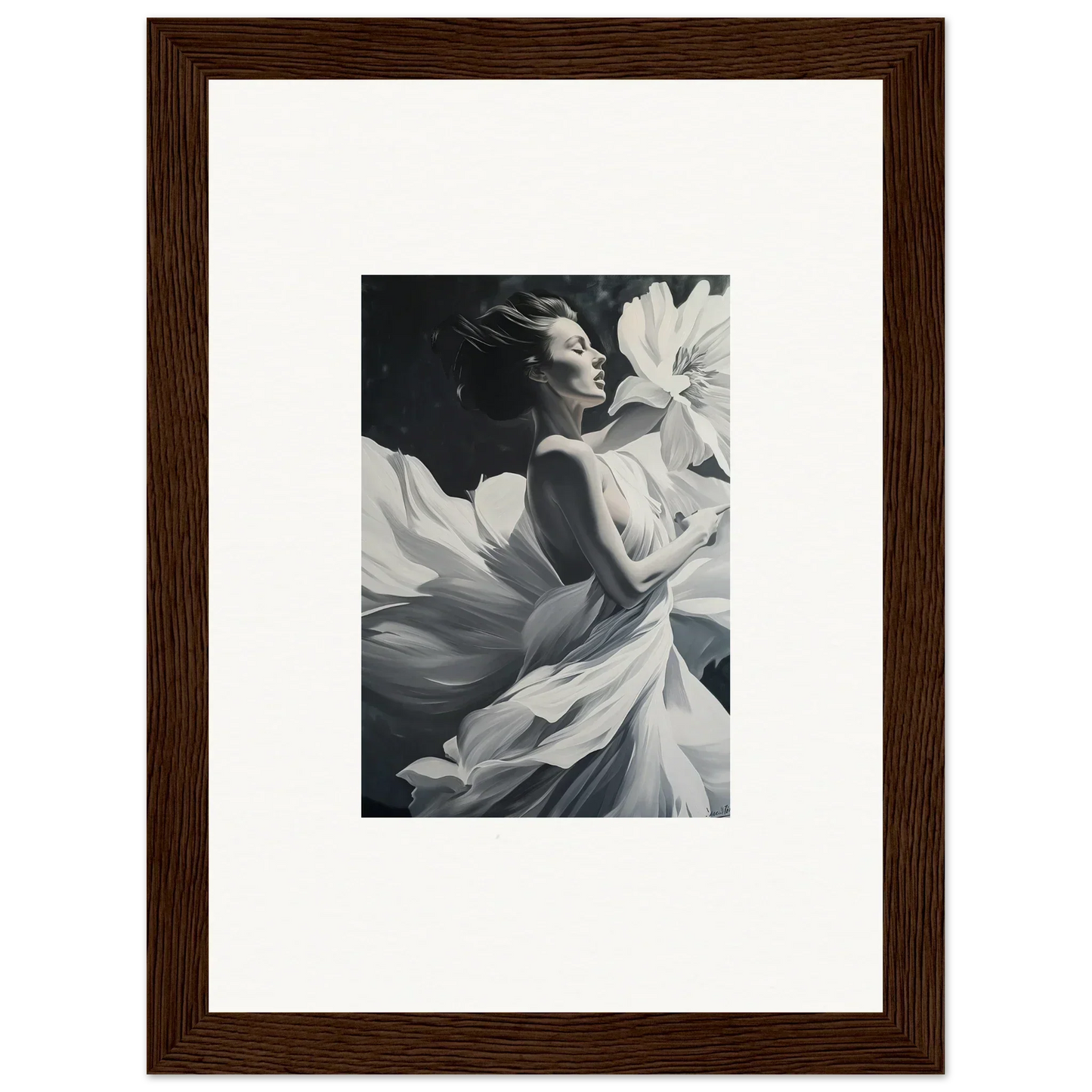 Black and white photograph of a woman gracefully moving in flowing fabric for dreams blossom room decor