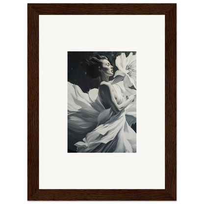 Black and white photograph of a woman gracefully moving in flowing fabric for dreams blossom room decor