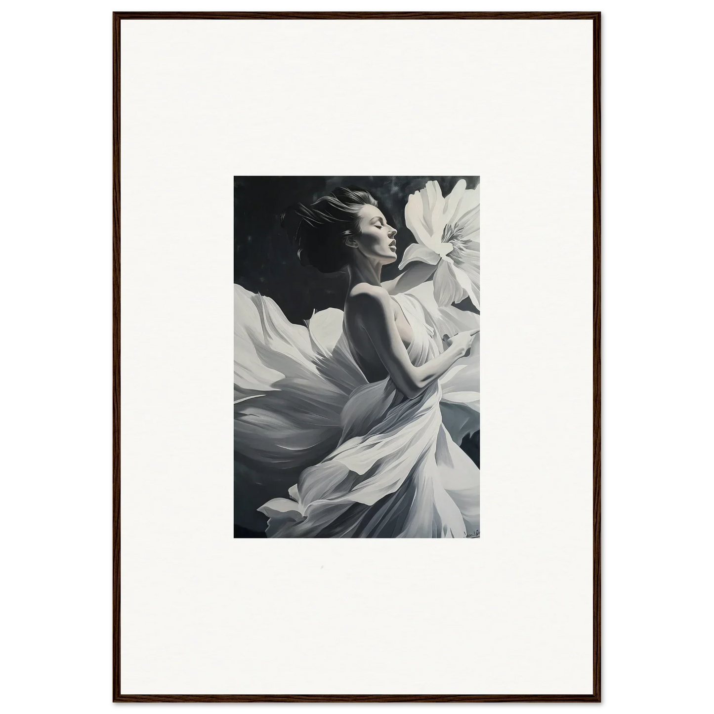 Black and white photo of a person in white fabric, ideal for dreams blossom room decor