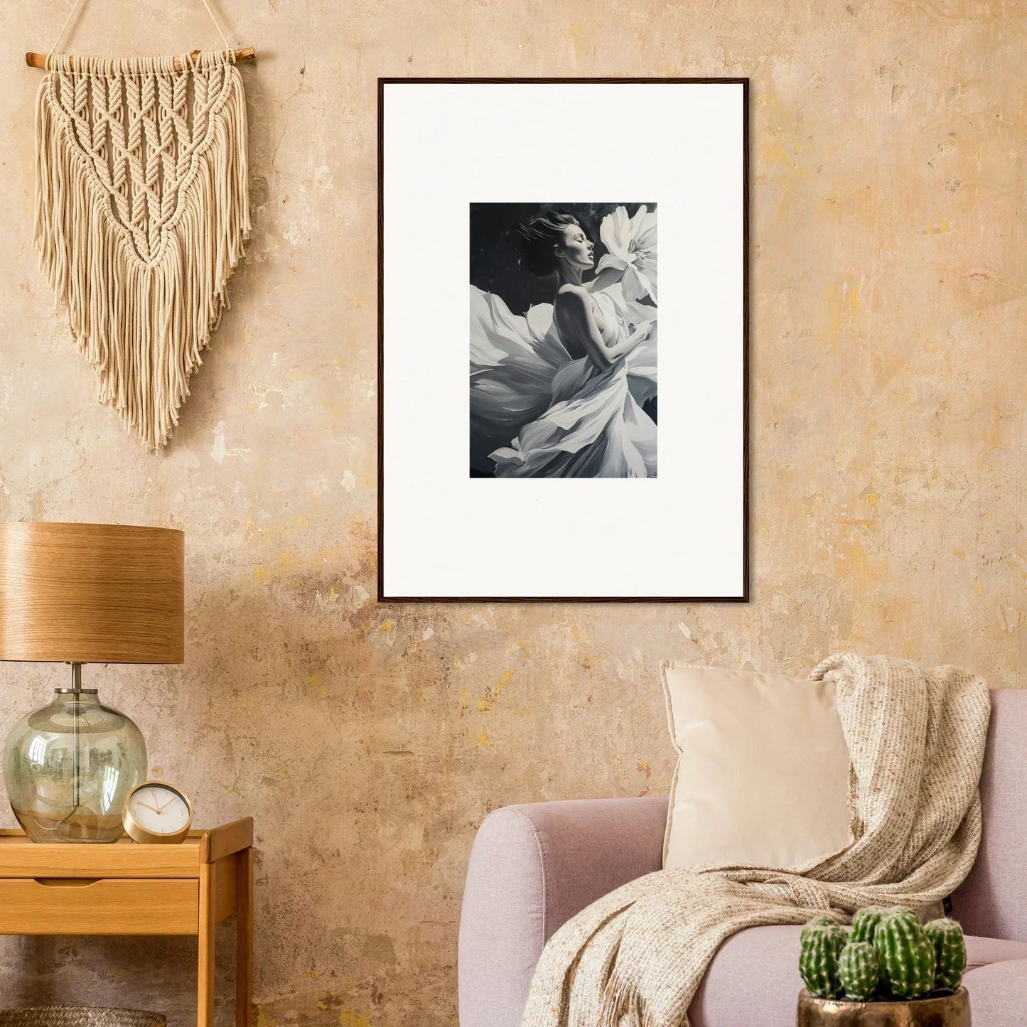 Framed black and white photograph of a person in flowing fabric for dreams blossom room decor