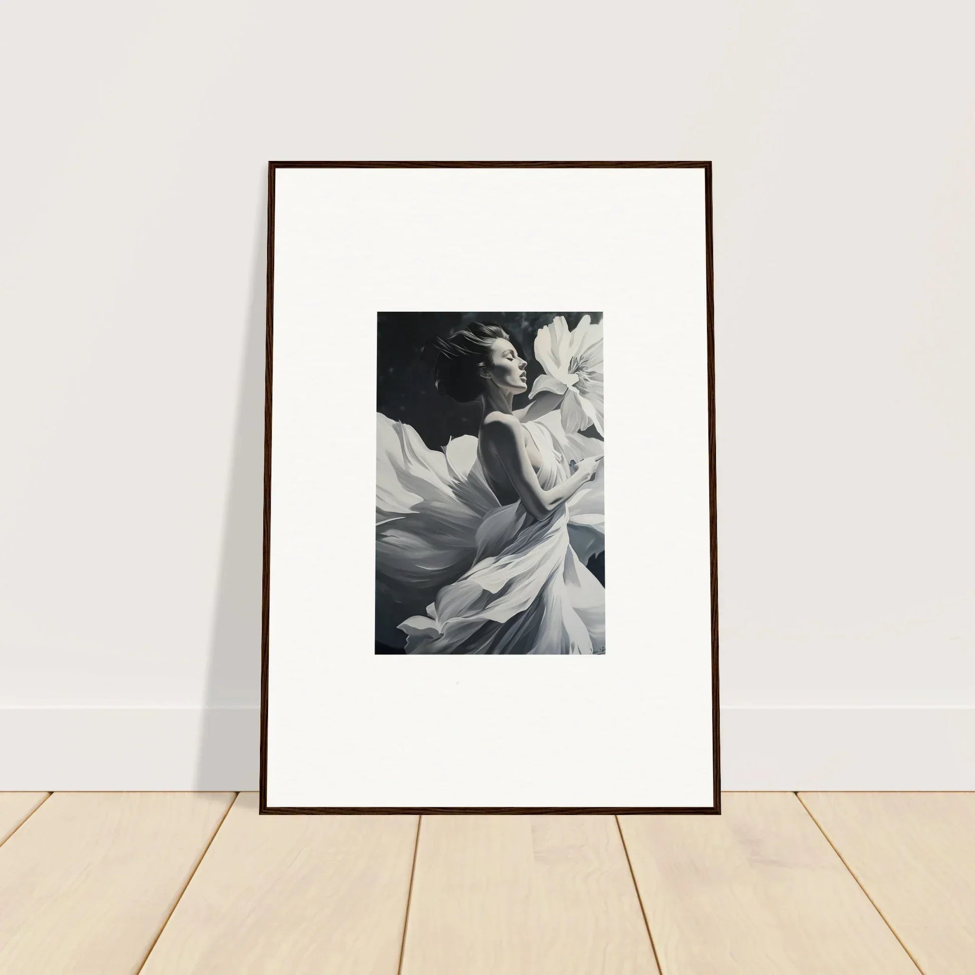 Framed black and white photograph of a person with flowing fabric for dreams blossom room decor