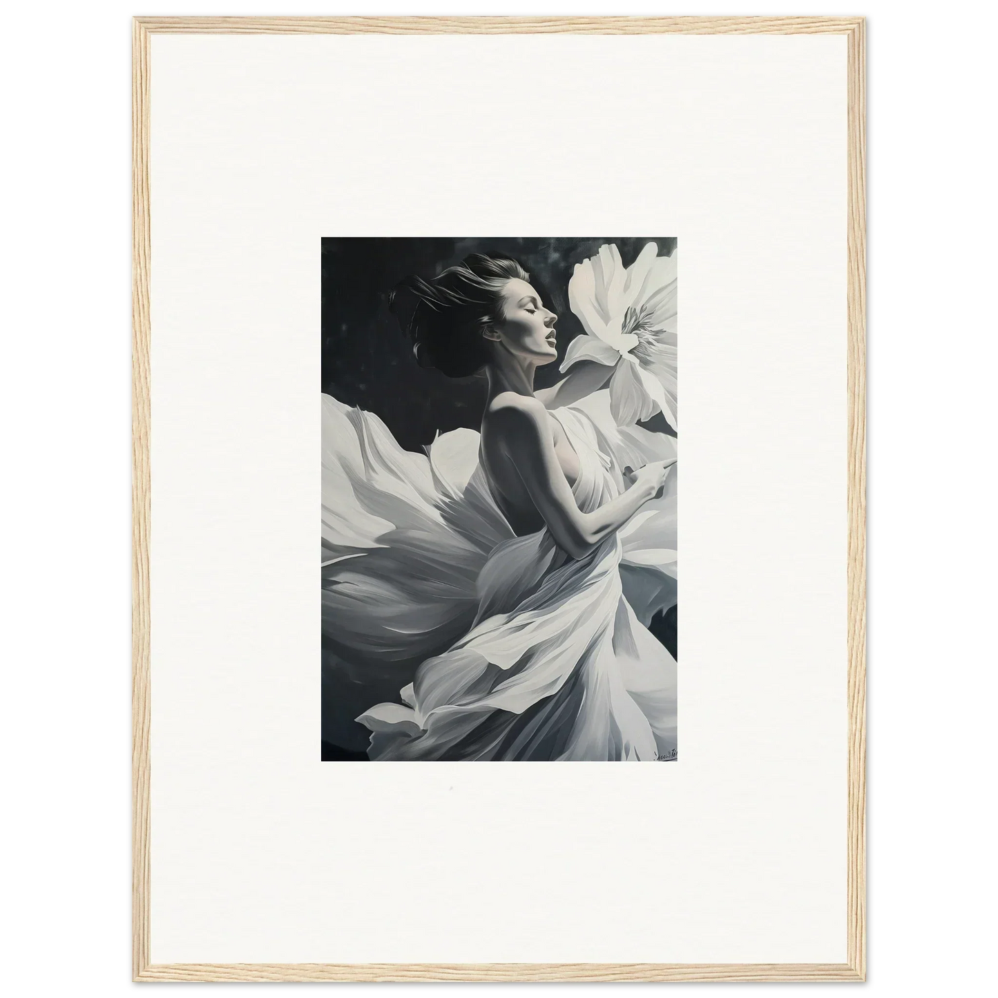 Black and white photo of a woman in white fabric, perfect for dreams blossom wall art