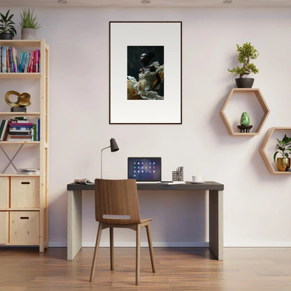 Home office workspace with a desk, chair, and decorative shelving.