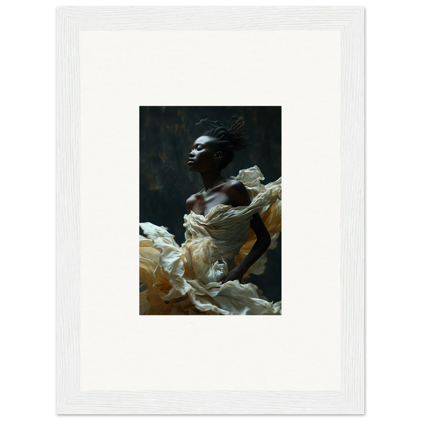 Dramatic portrait of a person emerging from billowing white fabric against a dark background.