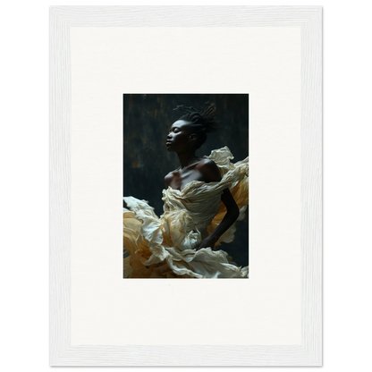 Dramatic portrait of a person emerging from billowing white fabric against a dark background.