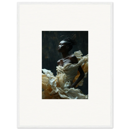 Portrait of a person with dark skin wearing draped white fabric against a dark background.