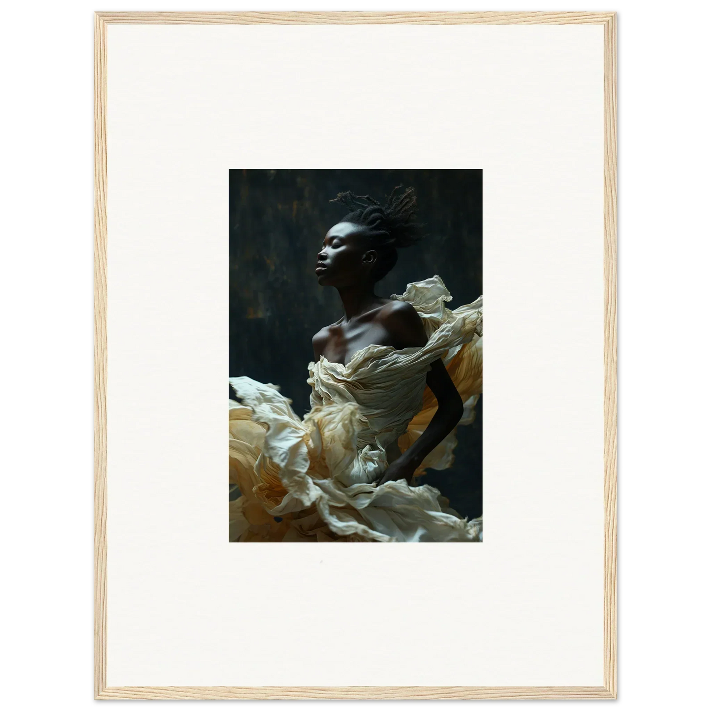 Portrait of a person with dark skin wearing flowing white fabric against a dark background.