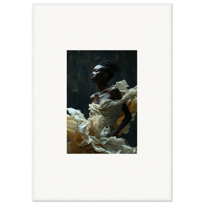 Dramatic portrait of a person emerging from billowing white fabric against a dark background.