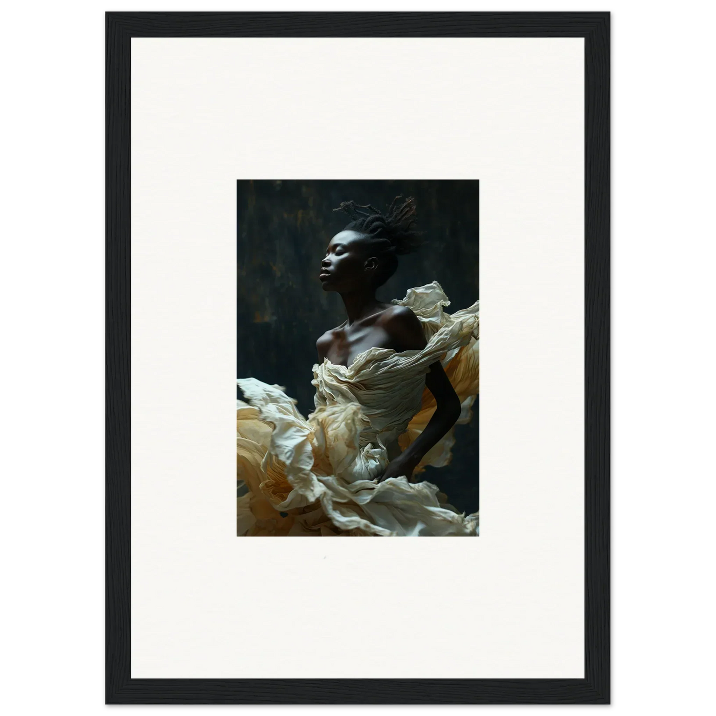 Portrait of a person emerging from billowing white fabric against a dark background.