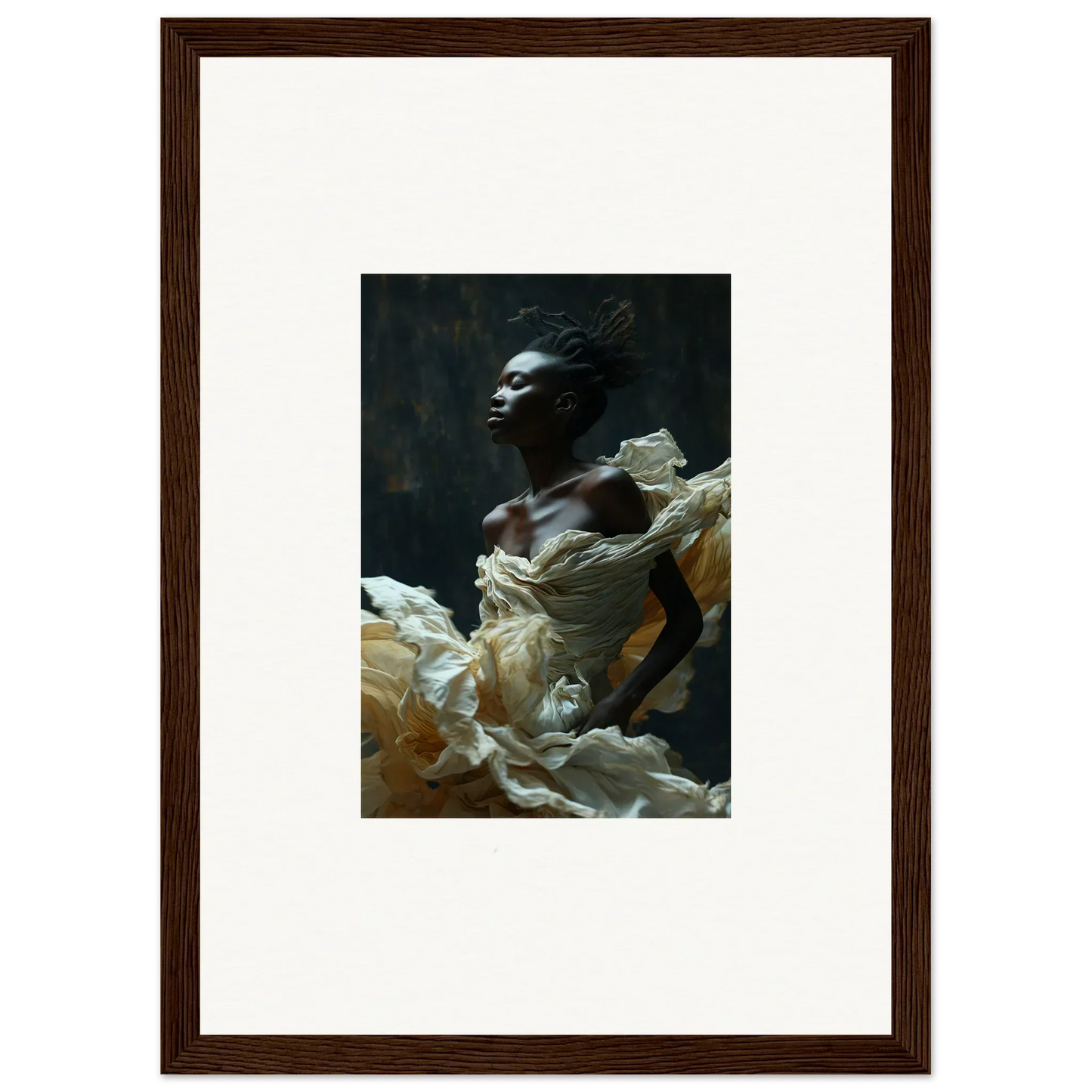 Framed artwork depicting a person emerging from billowing white fabric against a dark background.