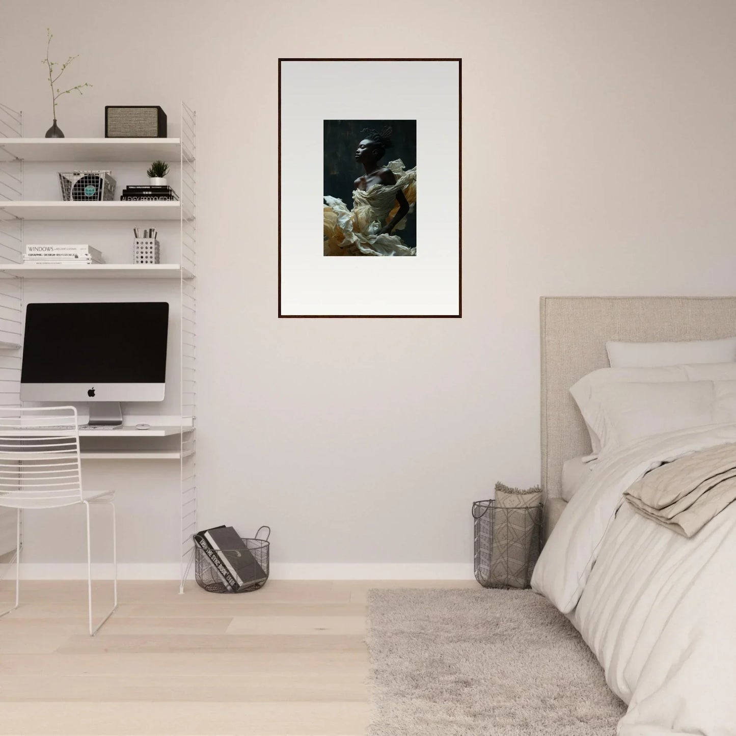 Minimalist bedroom with white walls, floating shelves, and a framed artwork.