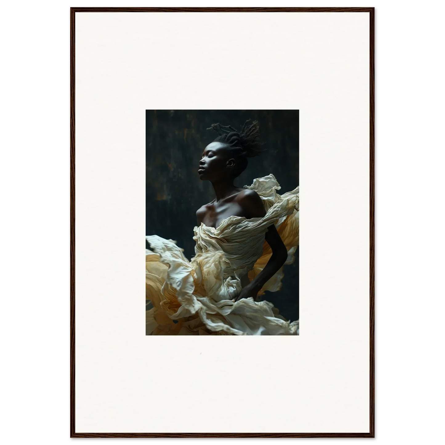 Dramatic portrait of a person emerging from billowing white fabric against a dark background.