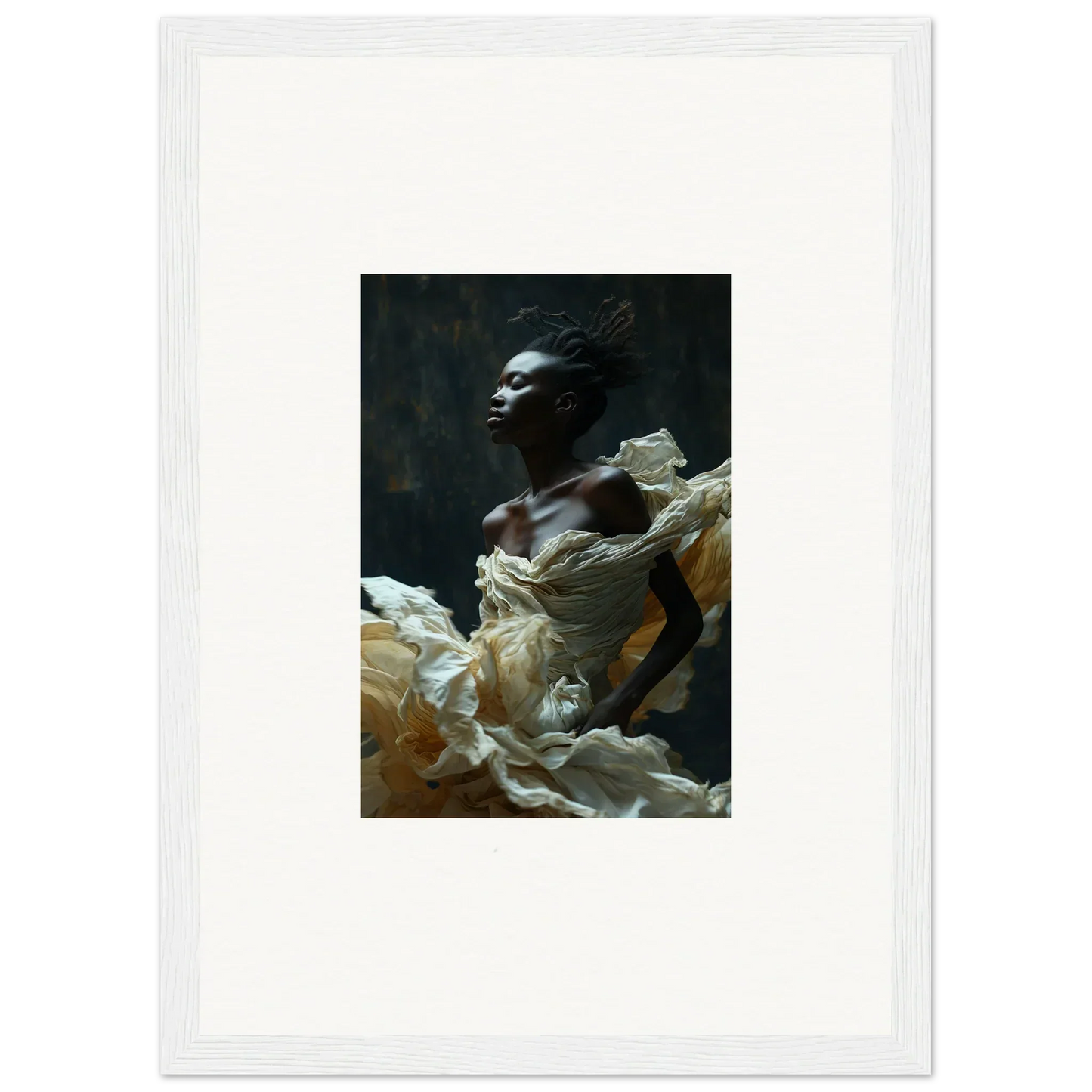 Portrait of a person with dark skin surrounded by flowing white fabric.