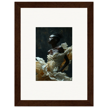 Framed portrait photograph of a person emerging from billowing white fabric against a dark background.