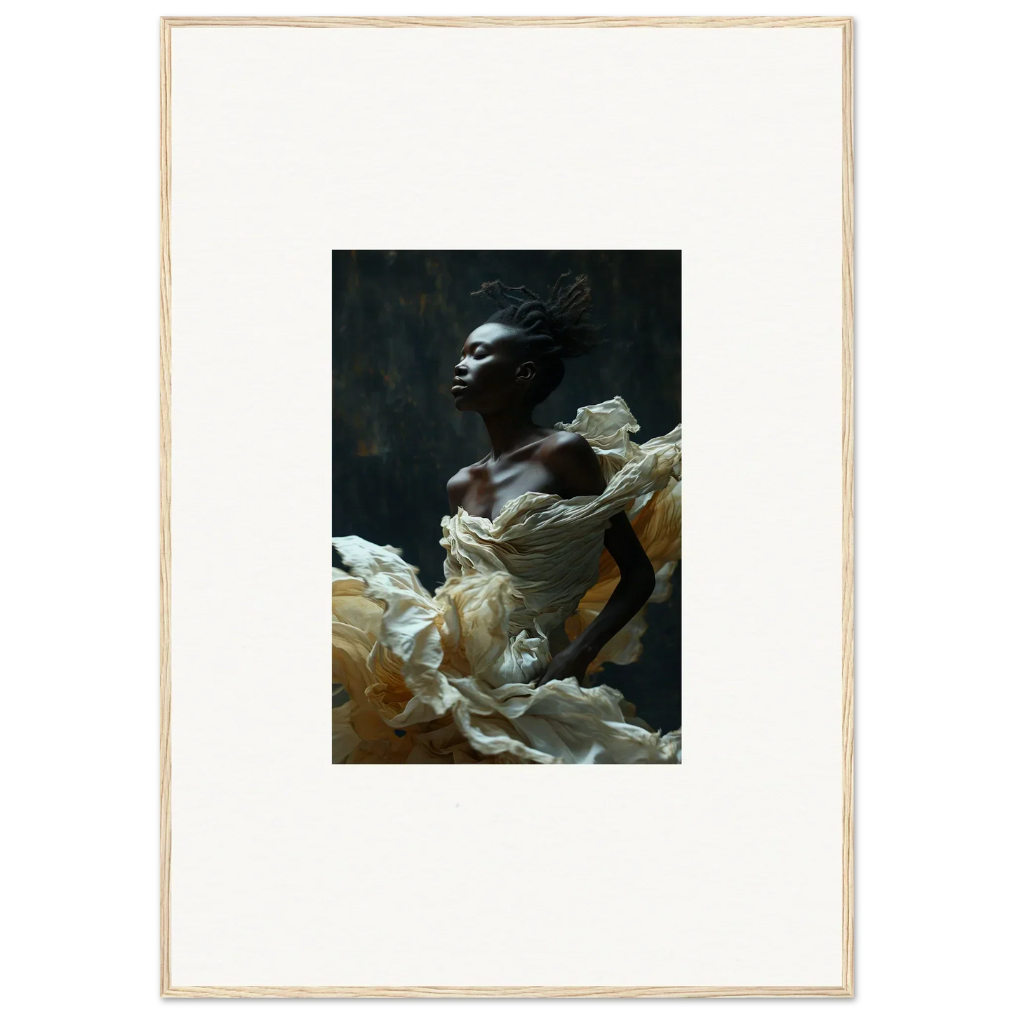 Portrait of a person emerging from billowing white fabric against a dark background.