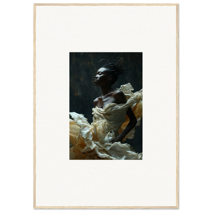 Portrait of a person emerging from billowing white fabric against a dark background.