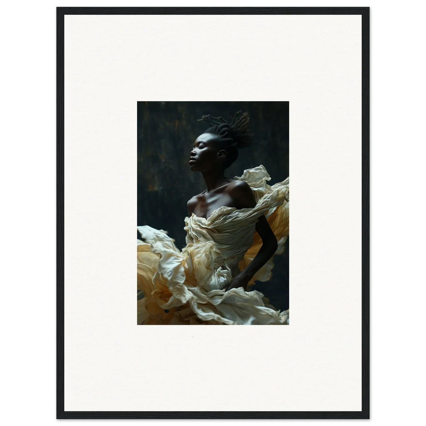 Portrait of a person with dark skin wrapped in flowing white fabric against a dark background.