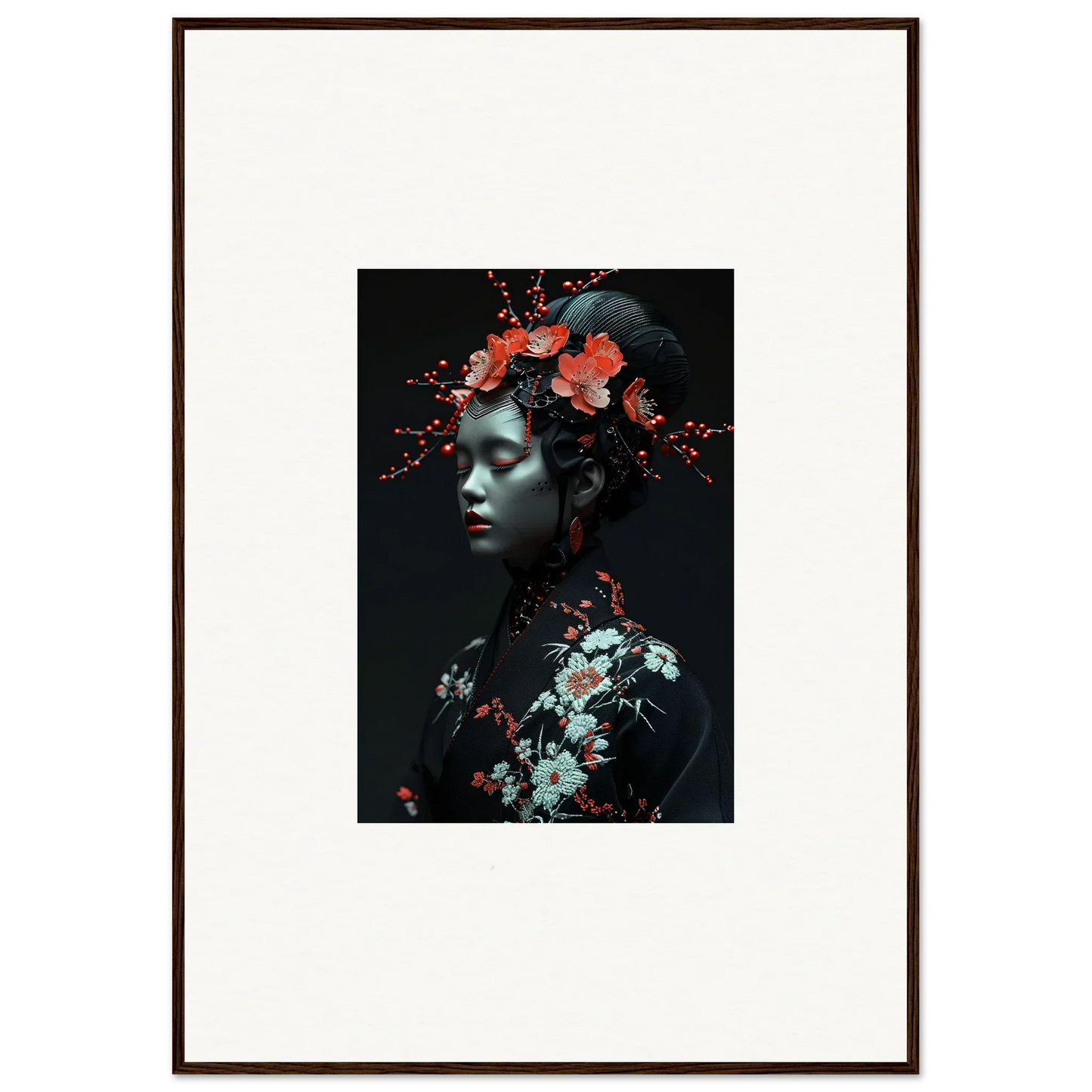 Framed canvas print of a person with red flowers, perfect for room decoration and fate whispers