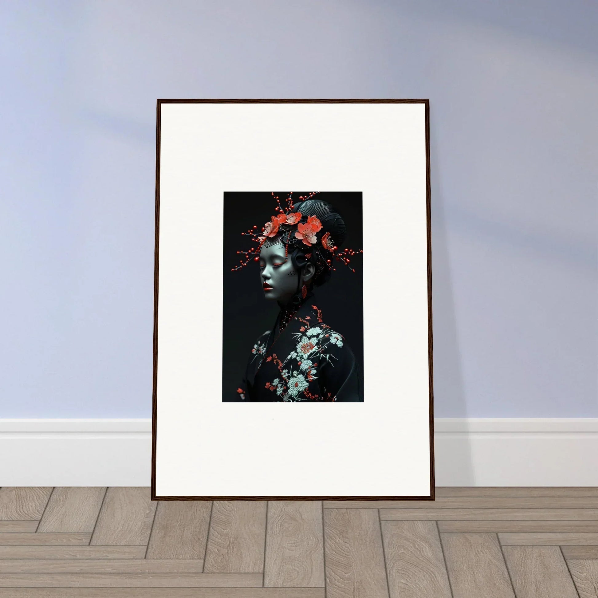 Framed canvas print of fate whispers with a shadowy figure and vibrant floral design