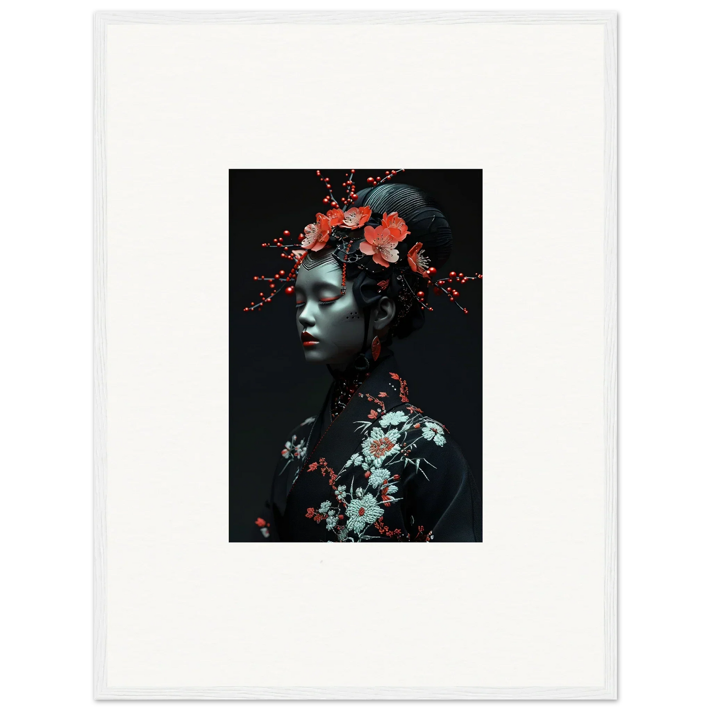 Portrait of a person with red and white flowers, perfect for canvas print and room decoration