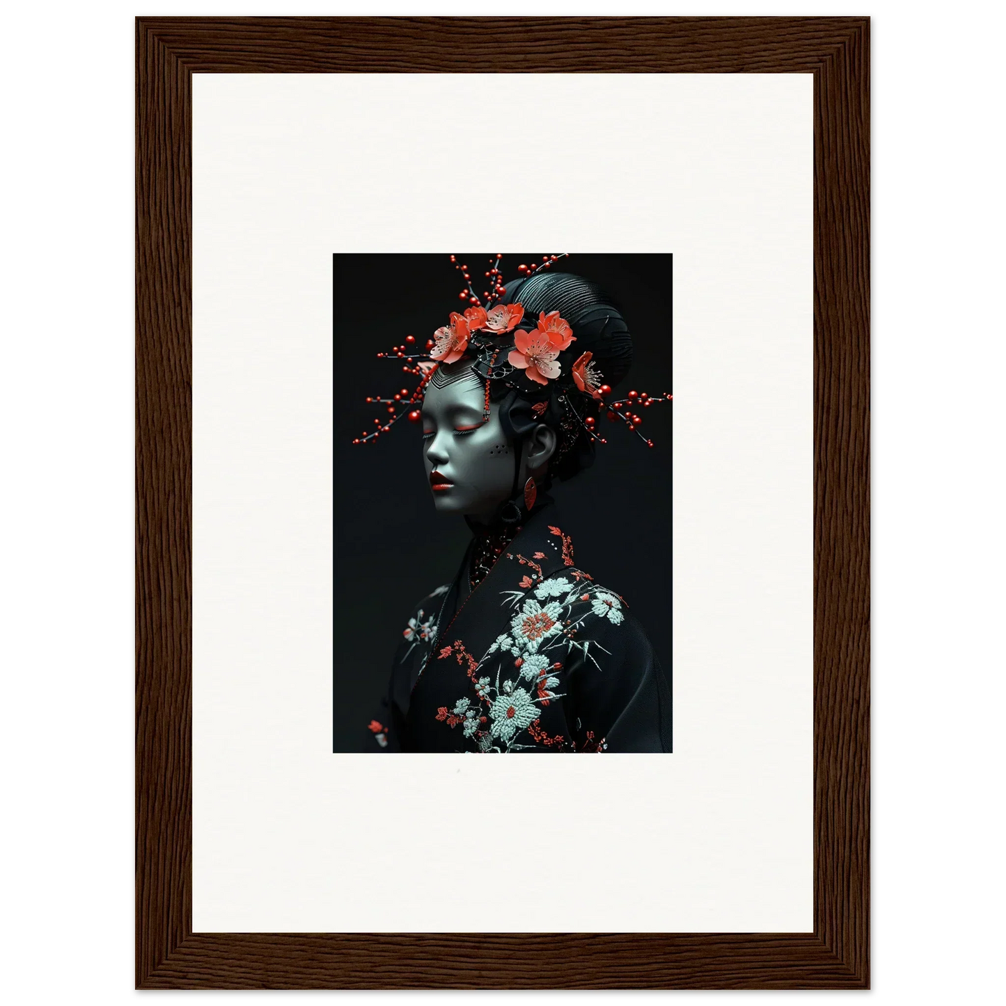 Framed canvas print of Fate Whispers art with floral accents for stylish room decoration