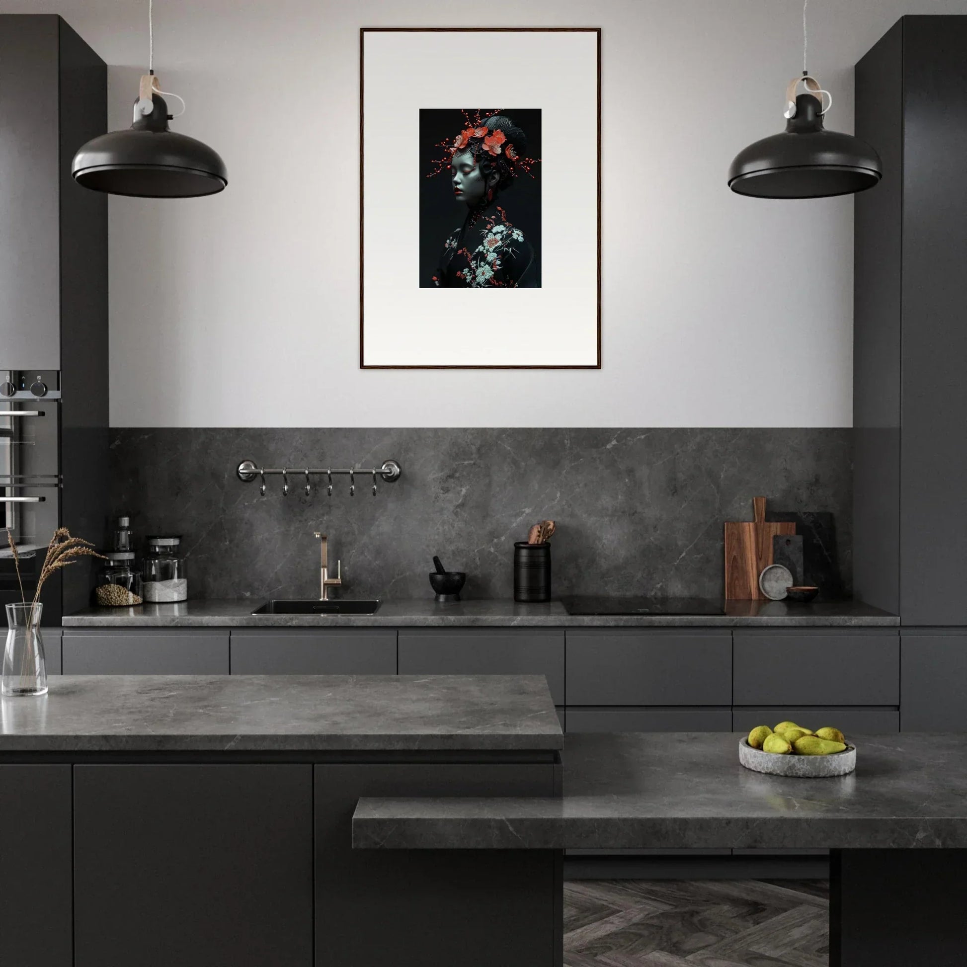 Modern dark gray kitchen with sleek cabinets and a floral canvas print for room decoration