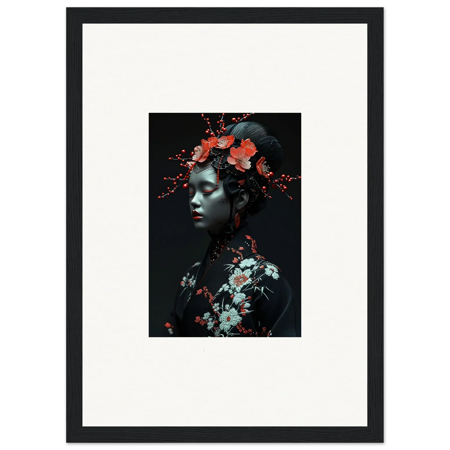 Framed canvas print of a person with floral elements for trendy room decoration