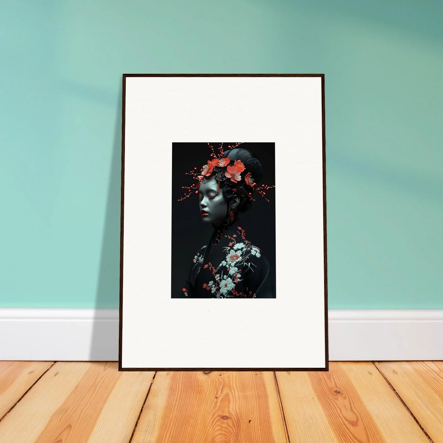 Framed canvas print of Fate Whispers with a dark portrait and vibrant flowers for room decoration