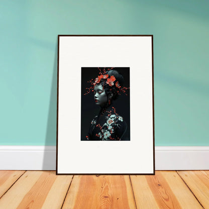 Framed canvas print of Fate Whispers with a dark portrait and vibrant flowers for room decoration