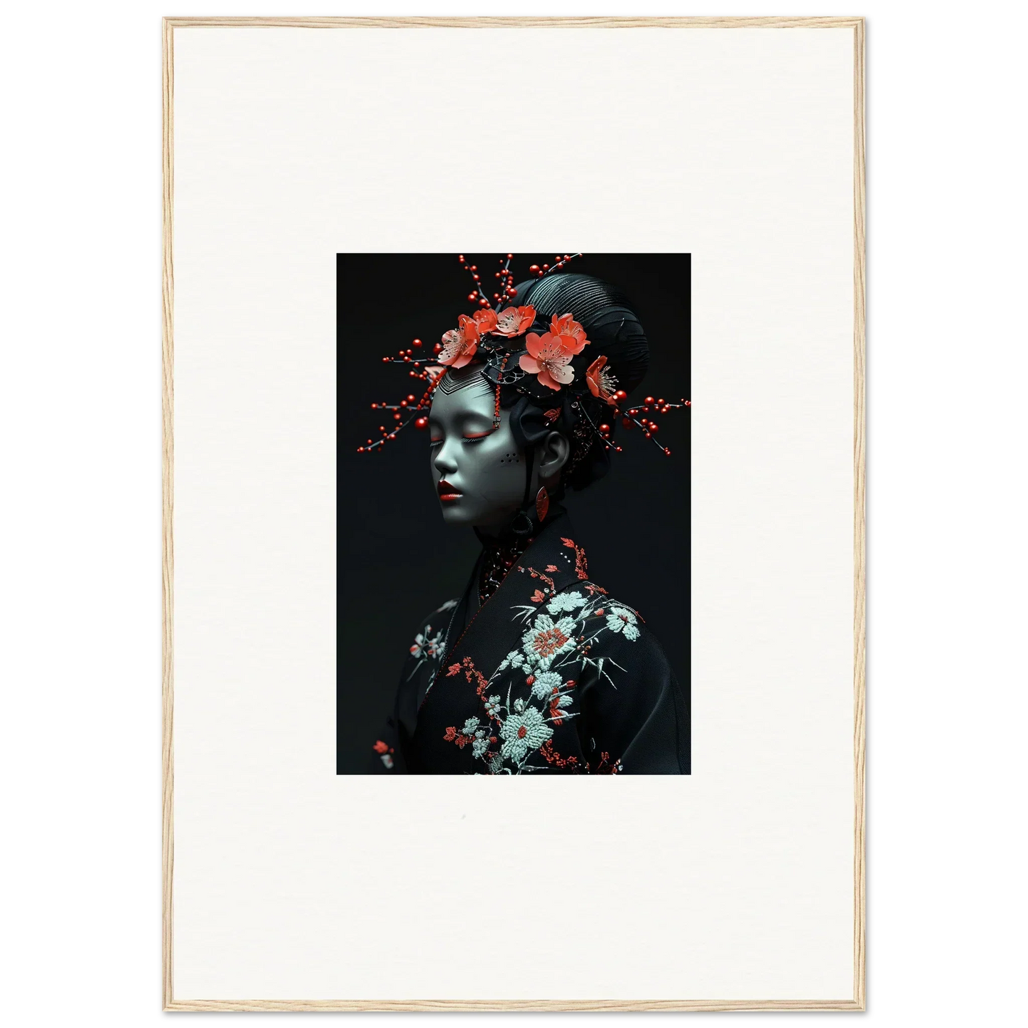 Colorful portrait with red flowers for a stylish canvas print or room decoration, Fate Whispers