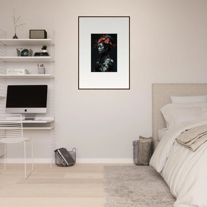 Framed canvas print of dark portrait with red accents for unique room decoration