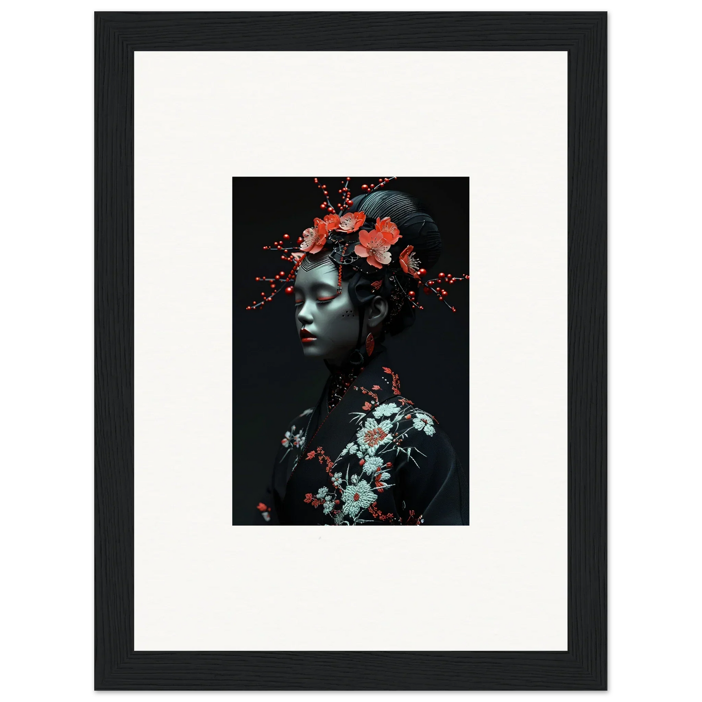 Framed canvas print of Fate Whispers with floral figure, perfect for room decoration