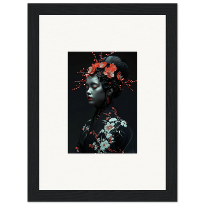 Framed canvas print of Fate Whispers with floral figure, perfect for room decoration