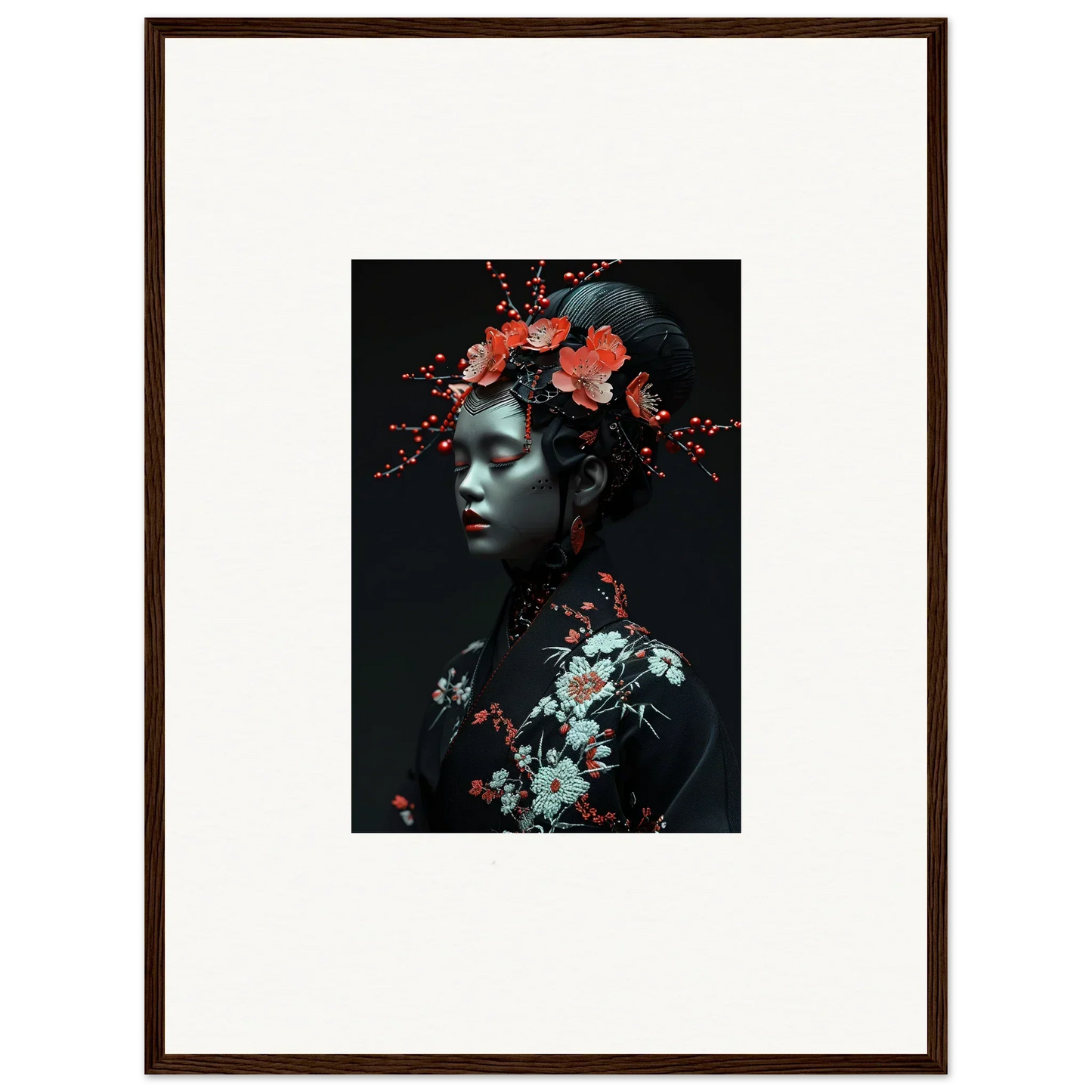 Framed portrait of a person with vibrant flowers, perfect for fate whispers room decoration