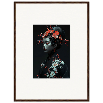 Framed portrait of a person with vibrant flowers, perfect for fate whispers room decoration