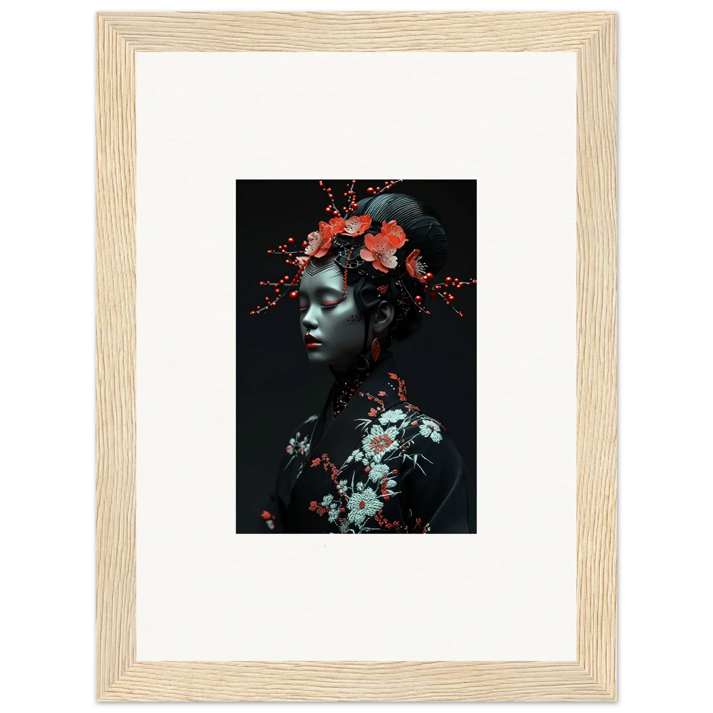 Framed canvas print of Fate Whispers with floral figure, perfect for room decoration