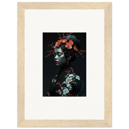 Framed canvas print of Fate Whispers with floral figure, perfect for room decoration