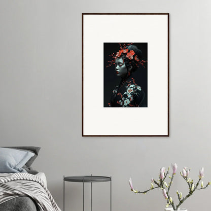 Framed canvas print of a figure with flowers, perfect for fate whispers room decoration