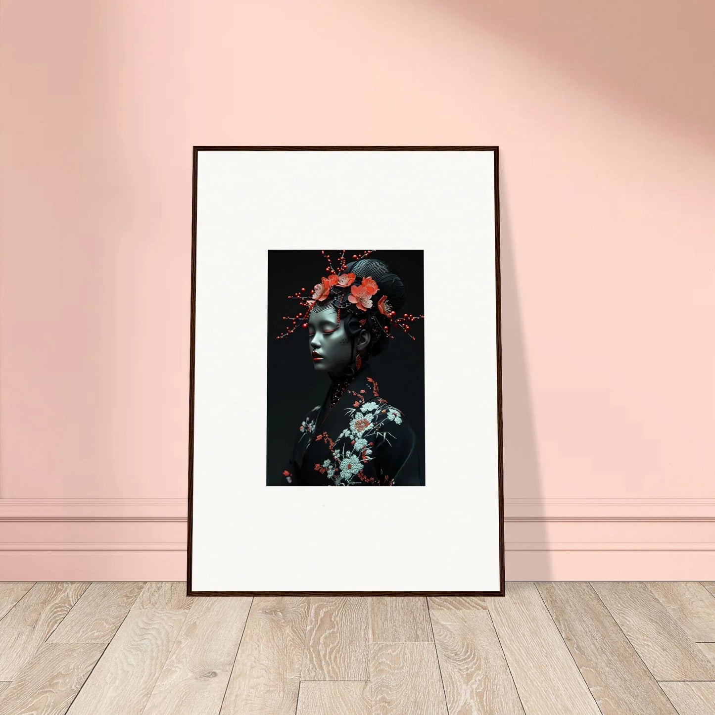 Framed canvas print of dark figure with floral elements for cool room decoration