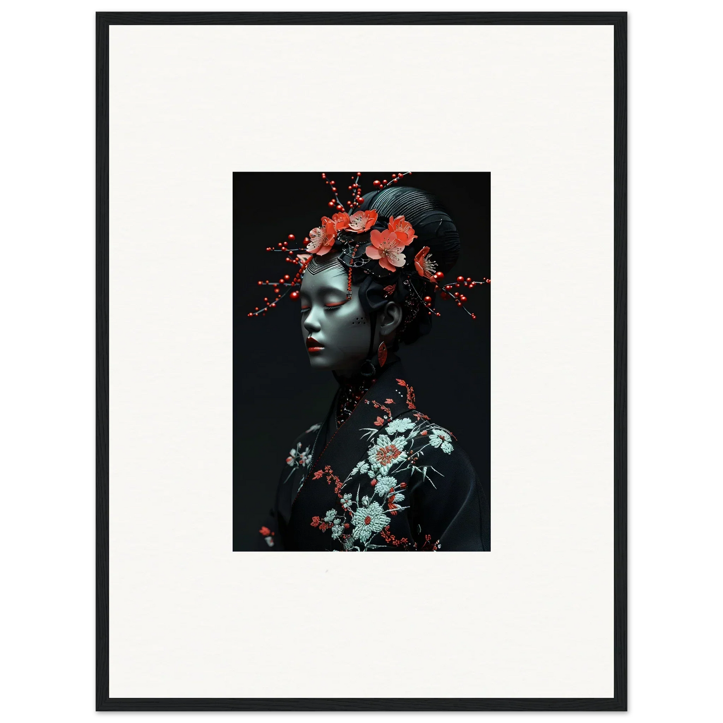 Framed canvas print of vibrant floral portrait for fate whispers room decoration