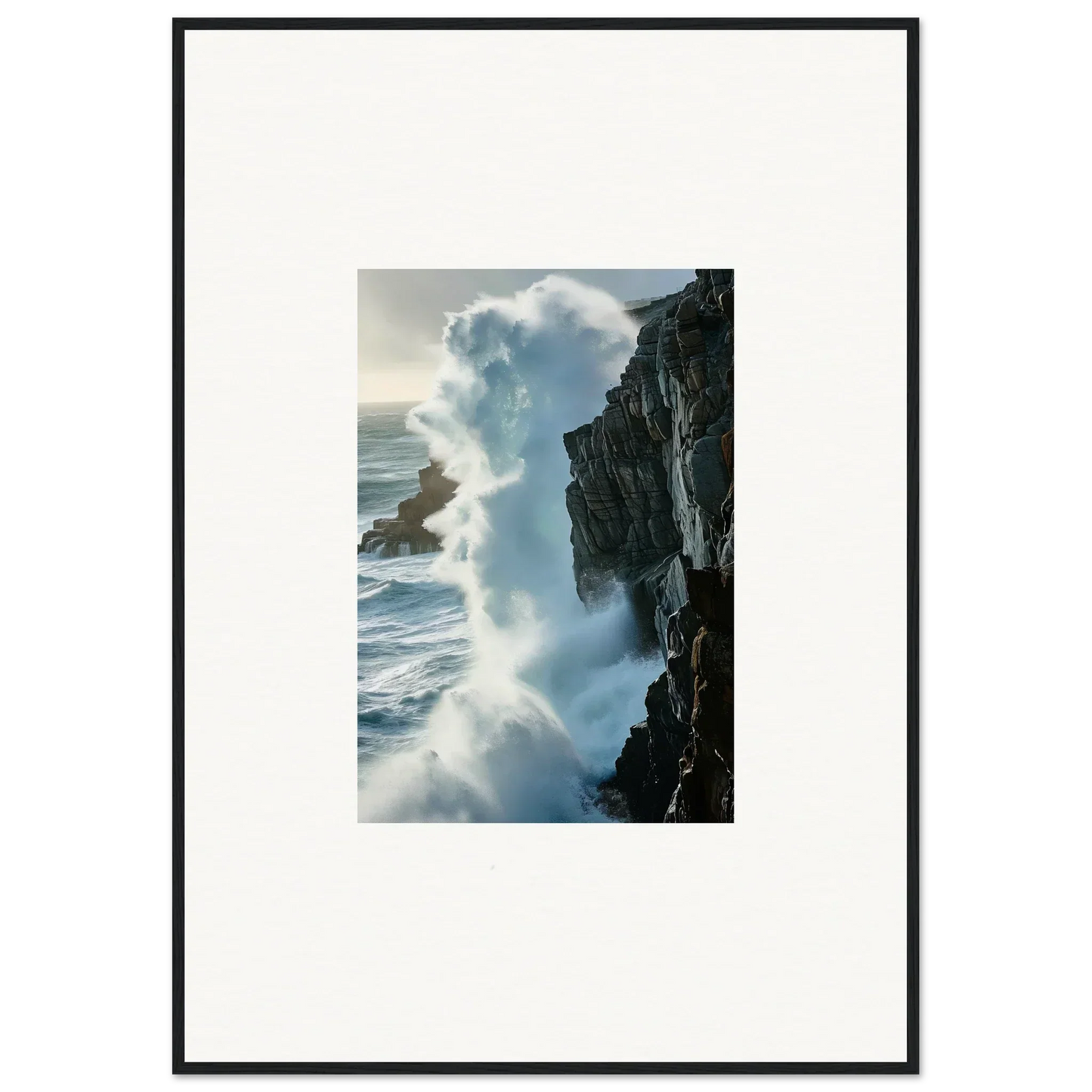 Powerful ocean wave crashing on rocky cliff for a stunning canvas print foam symphony