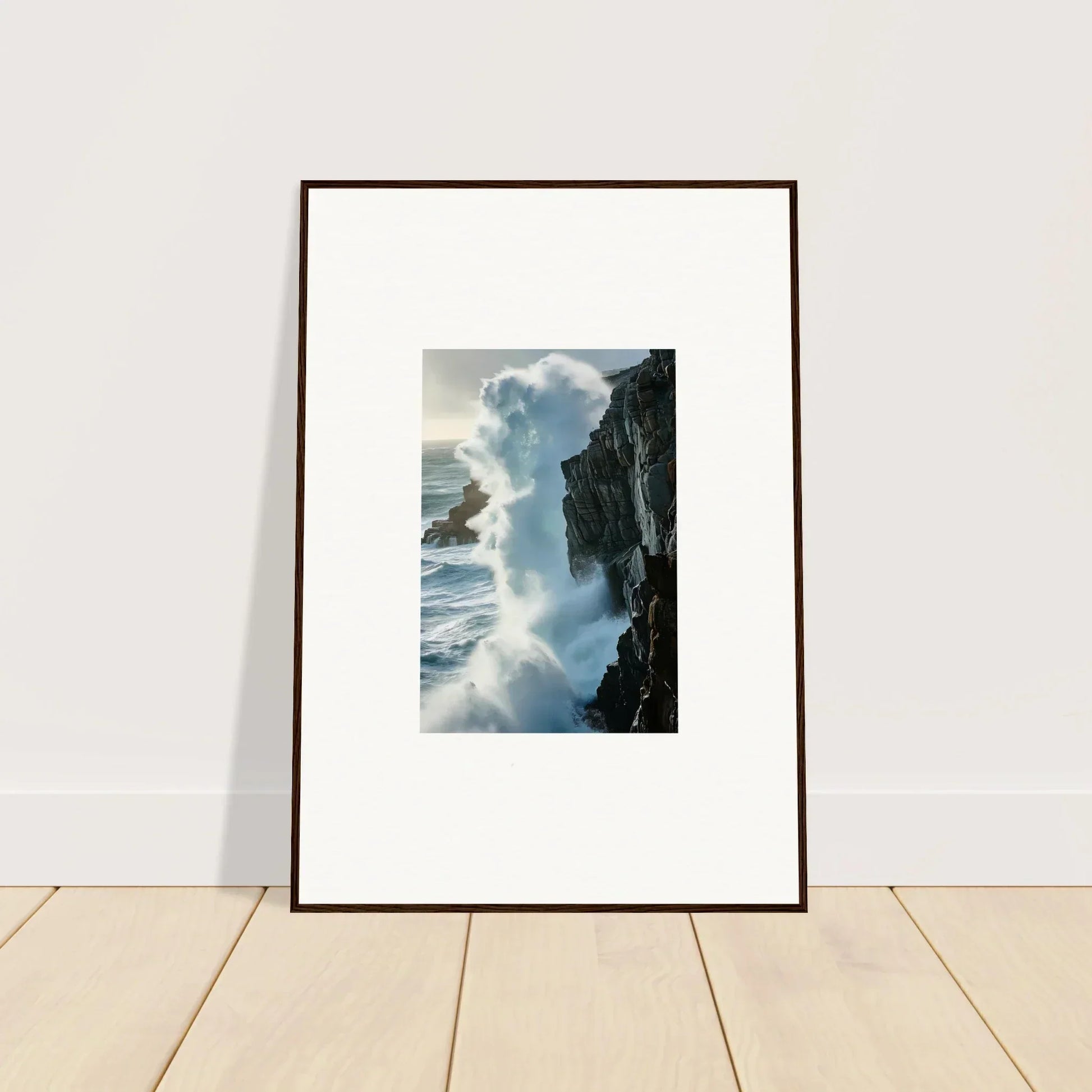 Framed canvas print of a foam symphony with ocean waves crashing on cliffs for room decoration